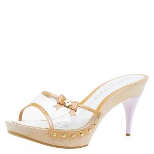 Louis Vuitton Beige Leather and PVC Bow Detail Platform Clogs Size 38