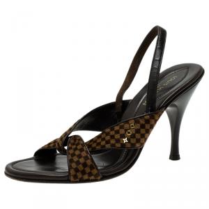 Pre Owned Louis Vuitton Brown Leather and Damier Check Pony Hair Slingback Sandals Size 39