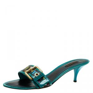 Louis Vuitton Teal Leather and Multicolor Monogram Buckle Kitten Heel Slides Size 40