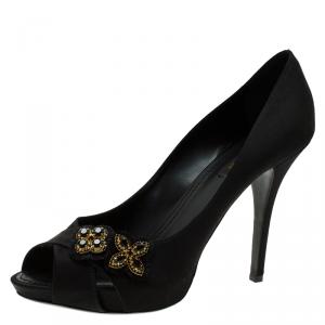 Pre Owned Louis Vuitton Black Satin Athen Open Toe Pumps Size 39.5