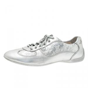 Louis Vuitton Metallic Silver Monogram Leather Lace Up Sneakers Size 39.5