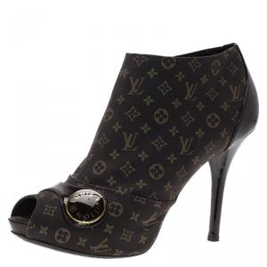 Pre Owned Louis Vuitton Brown Monogram Idylle Canvas and Patent Judy Peep Toe Ankle Boots Size 38