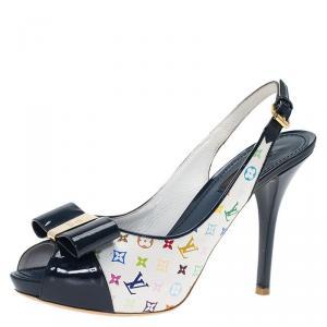 Louis Vuitton White Monogram Multicolore and Blue Patent Shirley Bow Slingback Sandals Size 37.5