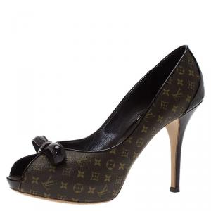 Pre Owned Louis Vuitton Monogram Canvas and Patent Malibu Bow Peep Toe Pumps Size 37.5