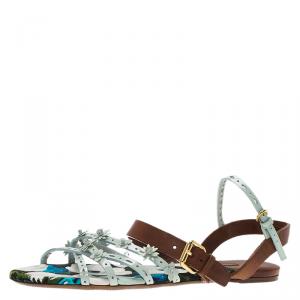 Louis Vuitton Two Tone Leather and Floral Canvas Flat Sandals Size 37.5