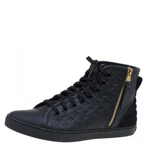 Louis Vuitton Black Monogram Embossed Leather Punchy High Top Sneakers Size 38.5