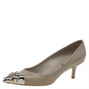 Pre Owned Louis Vuitton Beige Leather Bernice Embellished Cap Toe Pumps Size 38.5
