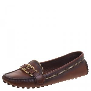 Pre Owned Louis Vuitton Brown Leather Zip Detail Oxford Loafers Size 37