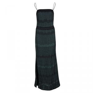 مملوكة مسبقًا M Missoni Black and Green Chevron Pattern Lurex Knit Noodle Strap Maxi Dress L