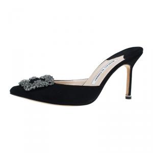 Manolo Blahnik Black Satin Hangisi Mules Size 37.5