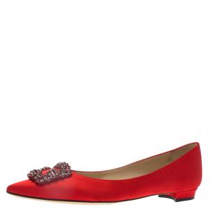 Pre Owned Manolo Blahnik Red Satin Hangisi Ballet Flats Size 40.5