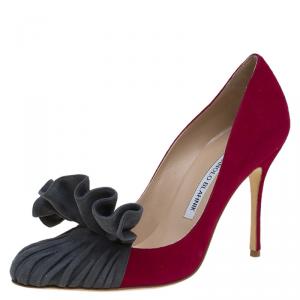 Pre Owned Manolo Blahnik Magenta and Grey Suede Arleti Frill Detail Pumps Size 37.5