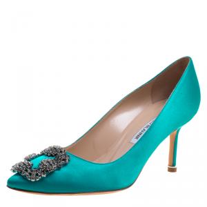 Pre Owned Manolo Blahnik Turquoise Embellished Satin Hangisi Pumps Size 37.5