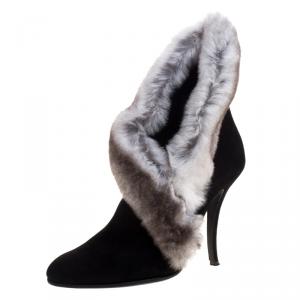 Manolo Blahnik Black Suede Fur Trimmed Nesta Ankle Boots Size 37