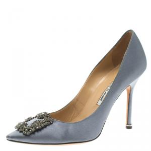 Pre Owned Manolo Blahnik Grey Satin Hangisi Embellished Pumps Size 39.5