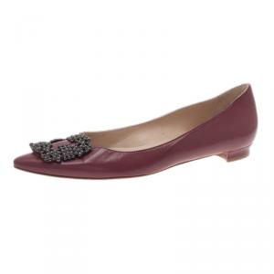 Pre Owned Manolo Blahnik Burgundy Leather Hangisi Ballet Flats Size 38.5