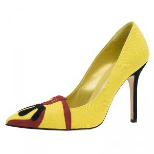 Pre Owned Manolo Blahnik Yellow Canvas Pointed Toe Pumps Size 41 