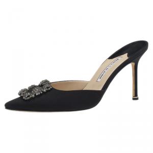 Manolo Blahnik Black Satin Hangisi Mules Size 40.5