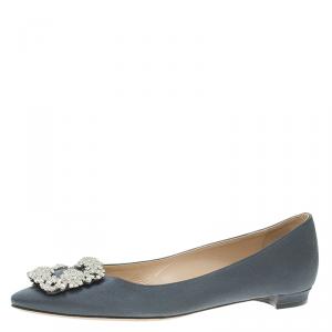 Pre Owned Manolo Blahnik Grey Satin Hangisi Ballet Flats Size 37