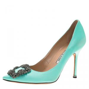 Pre Owned Manolo Blahnik Turquoise Embellished Satin Hangisi Pumps Size 37