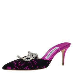 Pre Owned Manolo Blahnik Pink Satin and Lace Borli Crystal Embellished Mules Size 37