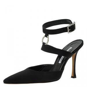 Manolo Blahnik Black Satin Embellished Pointed Cage Sandals Size 38