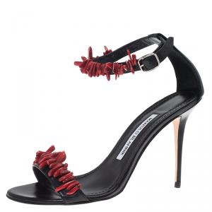 Manolo Blahnik Black Leather Coraletta Beaded Ankle Strap Sandals Size 36.5