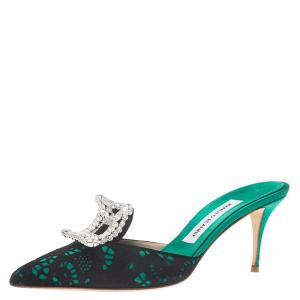 Manolo Blahnik Green Satin and Lace Borli Crystal Embellished Mules Size 38.5