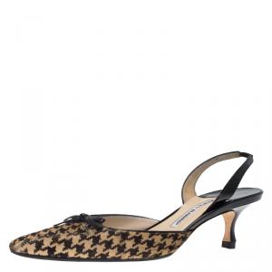 Pre Owned Manolo Blahnik Black Leather and Houndstooth Print Calf Hair Slingback Sandals Size 39.5