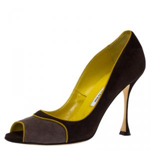 Pre Owned Manolo Blahnik Two Tone Suede Cabruna Peep Toe Pumps Size 39.5