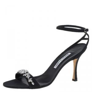Pre Owned Manolo Blahnik Black Crystal Embellished Satin Ankle Strap Sandals Size 40