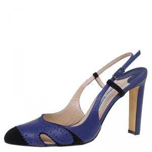 Pre Owned Manolo Blahnik Blue Leather and Black Suede Cap Toe Barrie Spectator Slingback Sandals Size 39.5