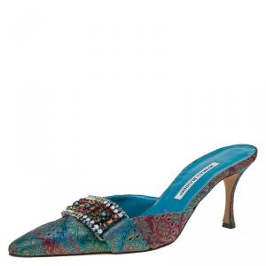 Manolo Blahnik Multicolor Embellished Brocade Pointed Toe Mules Size 41