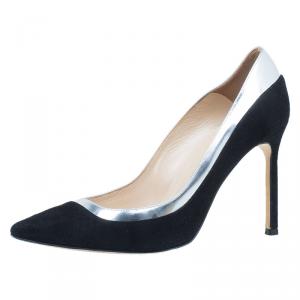 Pre Owned Manolo Blahnik Black Suede and Metallic Leather BB Pointed Toe Pumps  Size 36