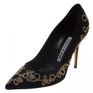 Pre Owned Manolo Blahnik Black Embroidered Satin Pointed Toe Pumps Size 36