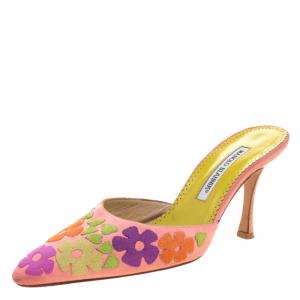 Manolo Blahnik Pink Suede Floral Patchwork Pointed Toe Mules Size 37.5
