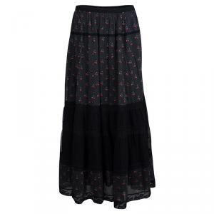 Marc by Marc Jacobs Black Cherry Printed Cotton Lace Insert Tiered Maxi Skirt M