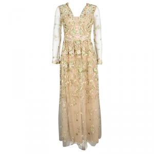 Marchesa Notte Beige Floral Embroidered Long Sleeve Tulle Gown S