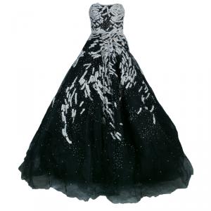 Marchesa Black Strapless Embellished Tulle Gown M