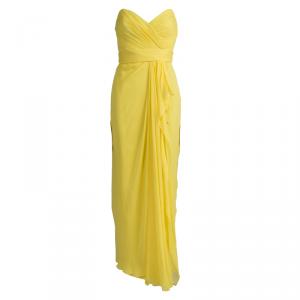 Marchesa Notte Yellow Silk Chiffon Strapless Ruched Gown S