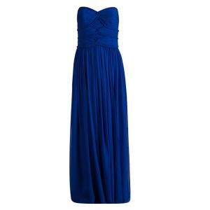 Marchesa Notte Blue Silk Draped  Strapless Maxi Dress M