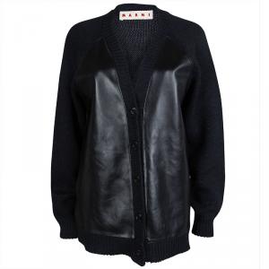 Marni Navy Blue Leather Panel Detail Buttondown Wool Cardigan M