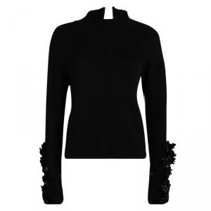 Marni Black Rib Knit Embellished Sleeve Detail Open Back Sweater M