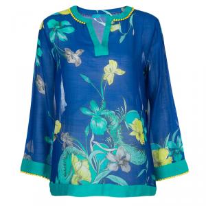 Matthew Williamson Blue Printed Pom-Pom Lace Trim Long Sleeve Sheer Blouse M