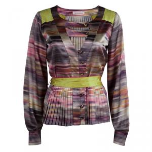 Mathew Williamson Multicolor Striped Satin Belted Long Sleeve Blouse S