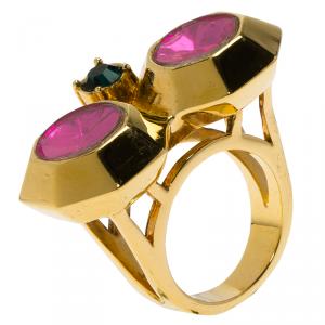 Mawi Heirloom Collection Pink & Green Octagon Bezel Yellow Gold Plated Cocktail Ring Size 55