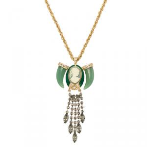 Mawi Heirloom Tusk Cameo Crystals Long Gold Tone Pendant Necklace