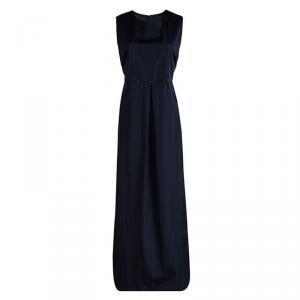 'S Max Mara Navy Blue Cotton Embellished Waist Detail Sleeveless Maxi Dress L