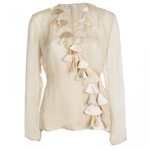 Max Mara Beige Silk Triangular Ruffle Detail Wrap Blouse M