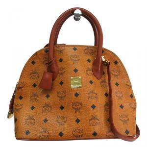 Pre Owned MCM Cognac Visetos Coated Canvas Medium Heritage Bowler Top handle Bag